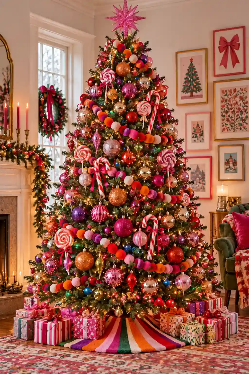 Colorful maximalist Christmas tree decorated with pink, red, orange, and purple ornaments in glitter, glass, and felt textures with multicolor lights.