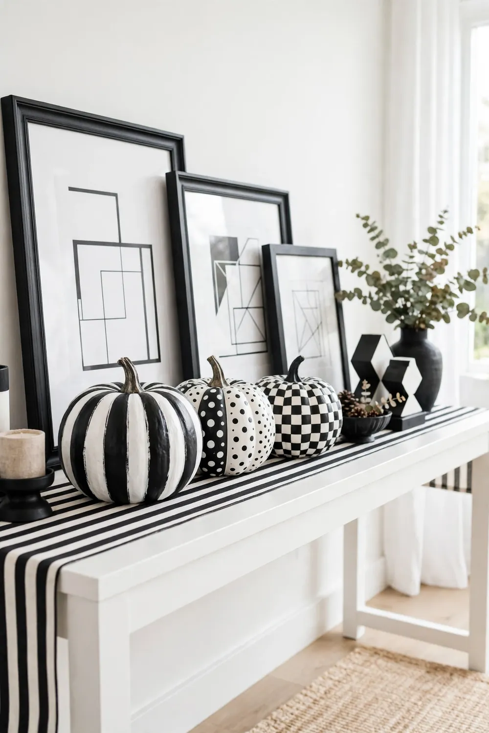 Black and white striped and polka dot pumpkins styled on a white console with black picture frames