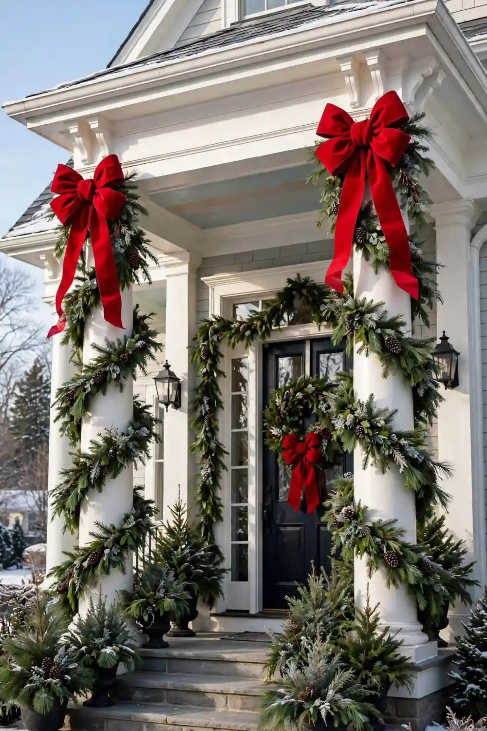 Home porch columns wrapped with evergreen garland spirals and oversized red bows in bright winter daylight