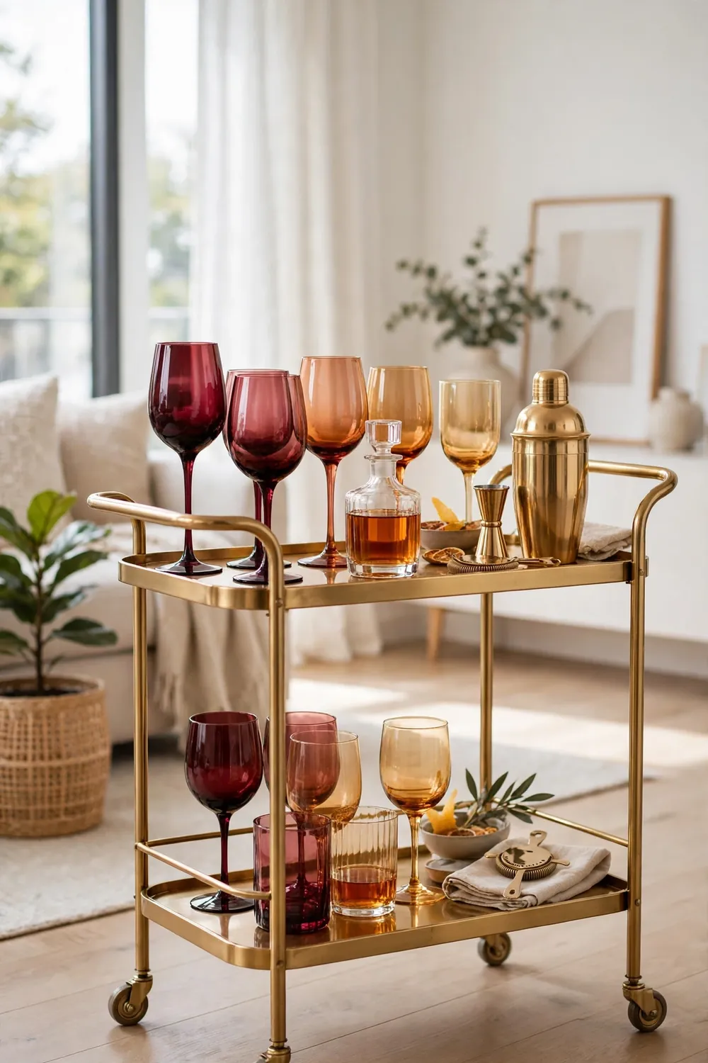 Stylish bar cart with burgundy and amber colored glassware in graduated shades, a small decanter, and a brass cocktail shaker