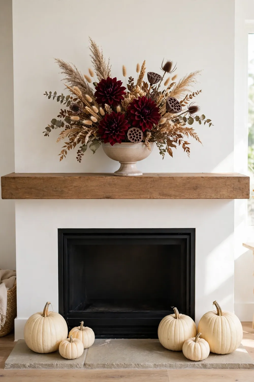 Burgundy dahlia mantel arrangement Thanksgiving mantel decor with a burgundy dahlia and dried flower arrangement