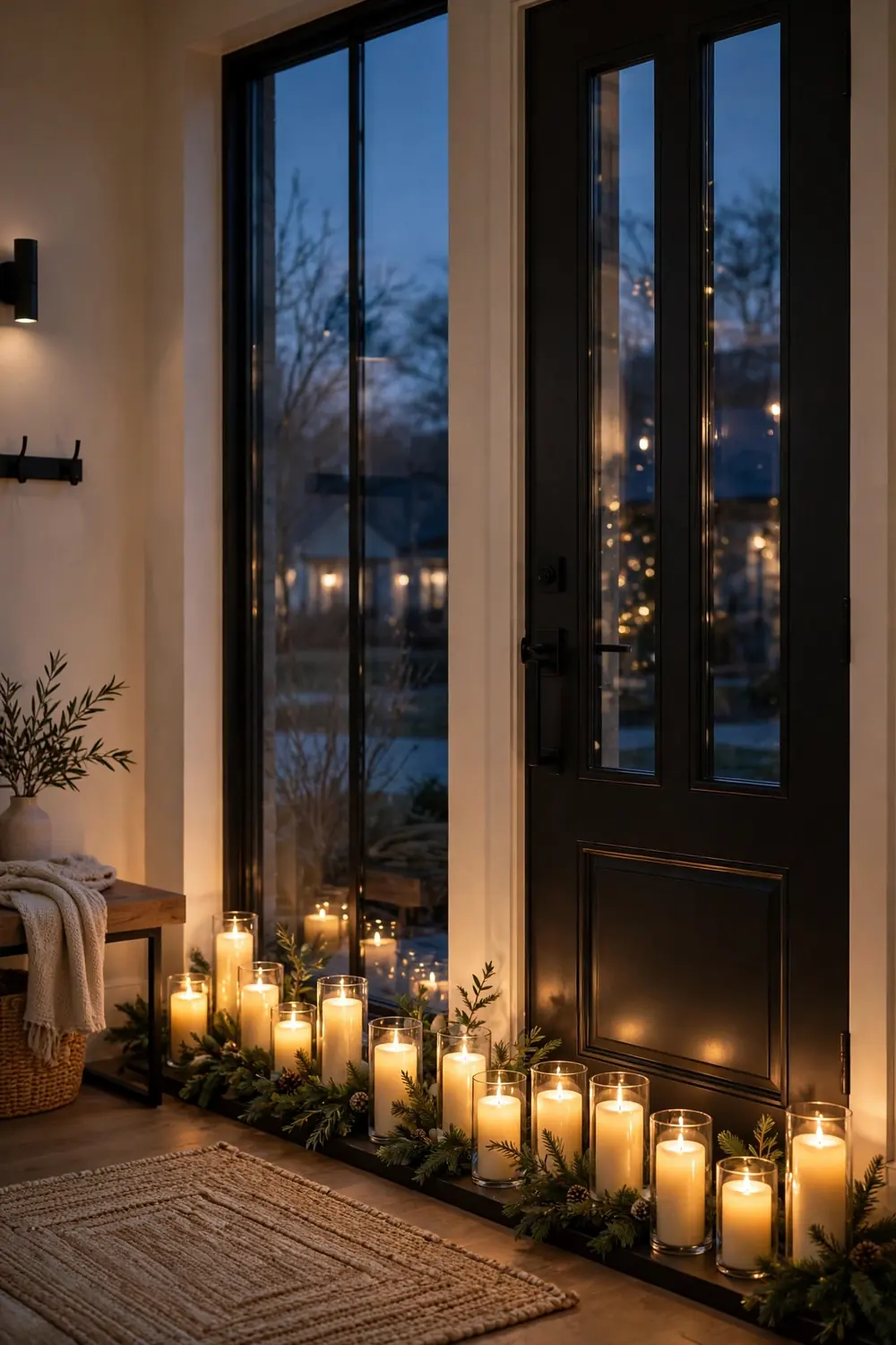 Candlelit window beside the entry glowing at dusk