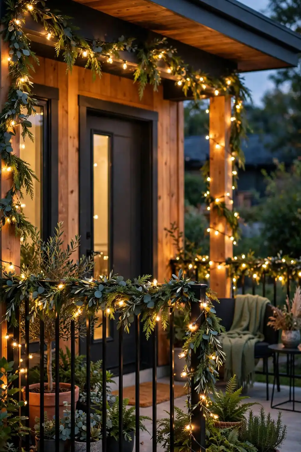 Warm White String Lights on the Railing Christmas Porch Decor Idea Warm white string lights draped on a porch railing for Christmas, a glowing christmas porch decor idea