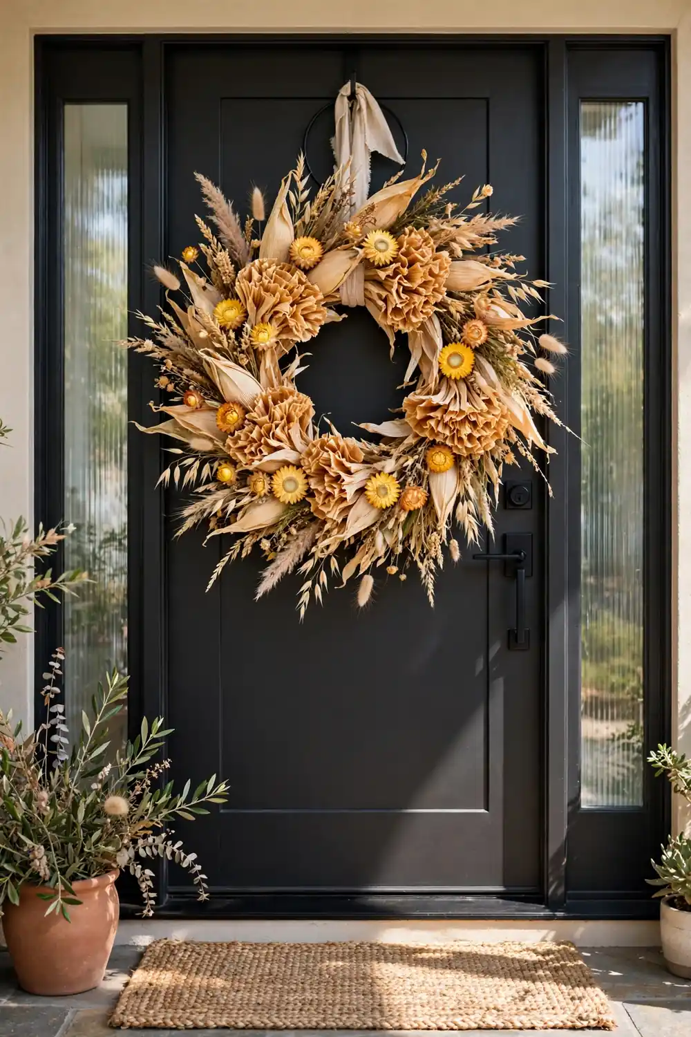 Corn husk and dried flower wreath Fall wreath ideas with a corn husk and dried flower wreath