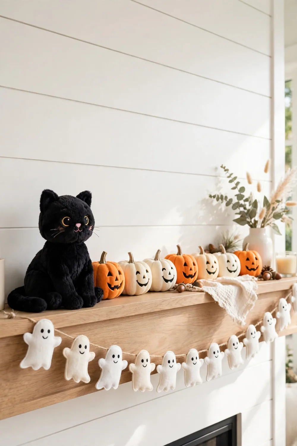 Cute black cat Halloween mantel decor Cute kid friendly Halloween mantel with a black cat and smiling pumpkins