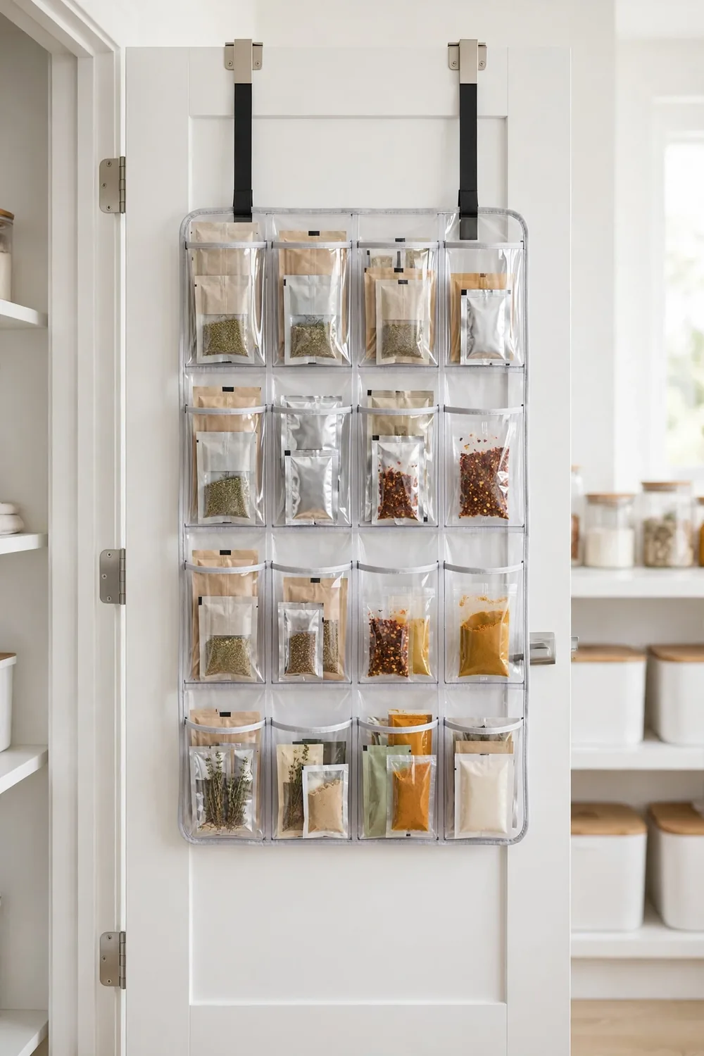 Back of pantry door with clear pocket organizer holding small packets and spice sachets