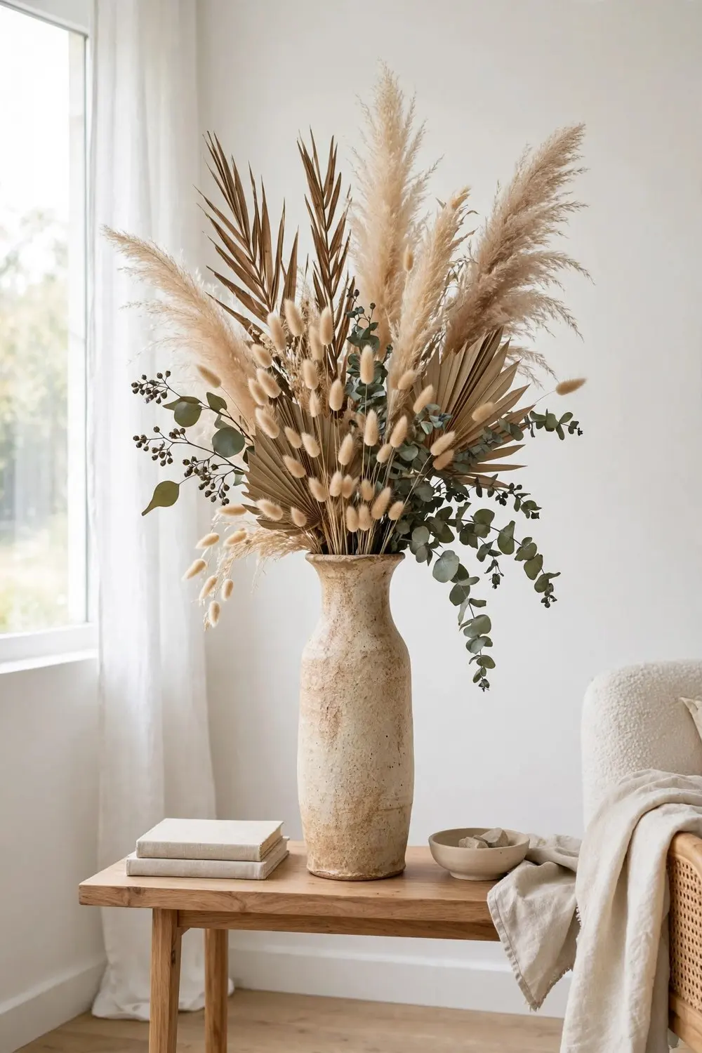 Ceramic vase with pampas grass and dried flowers arrangement