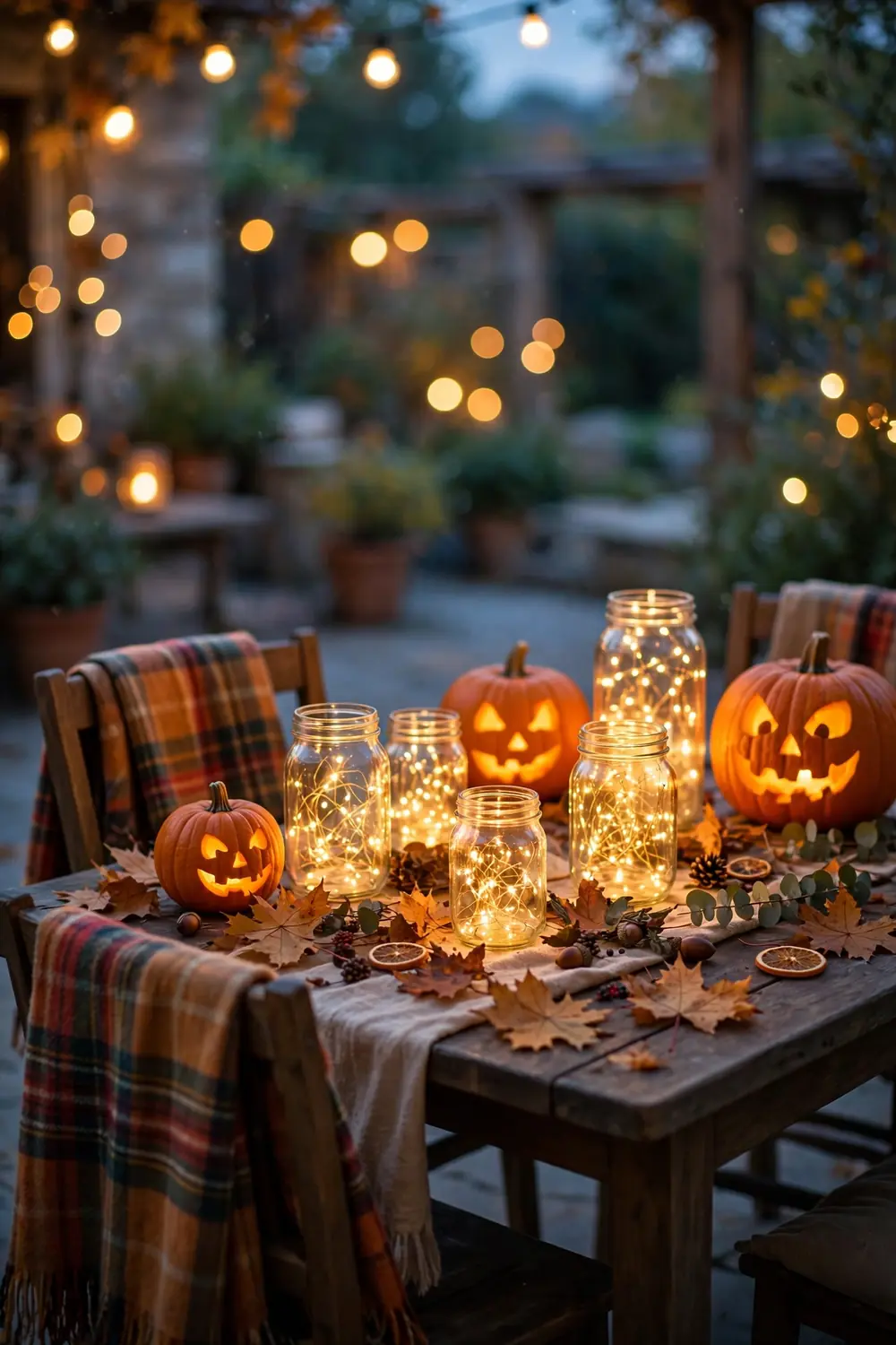 Magical Halloween table decor on a patio at dusk with fairy lights in jars and glowing pumpkins