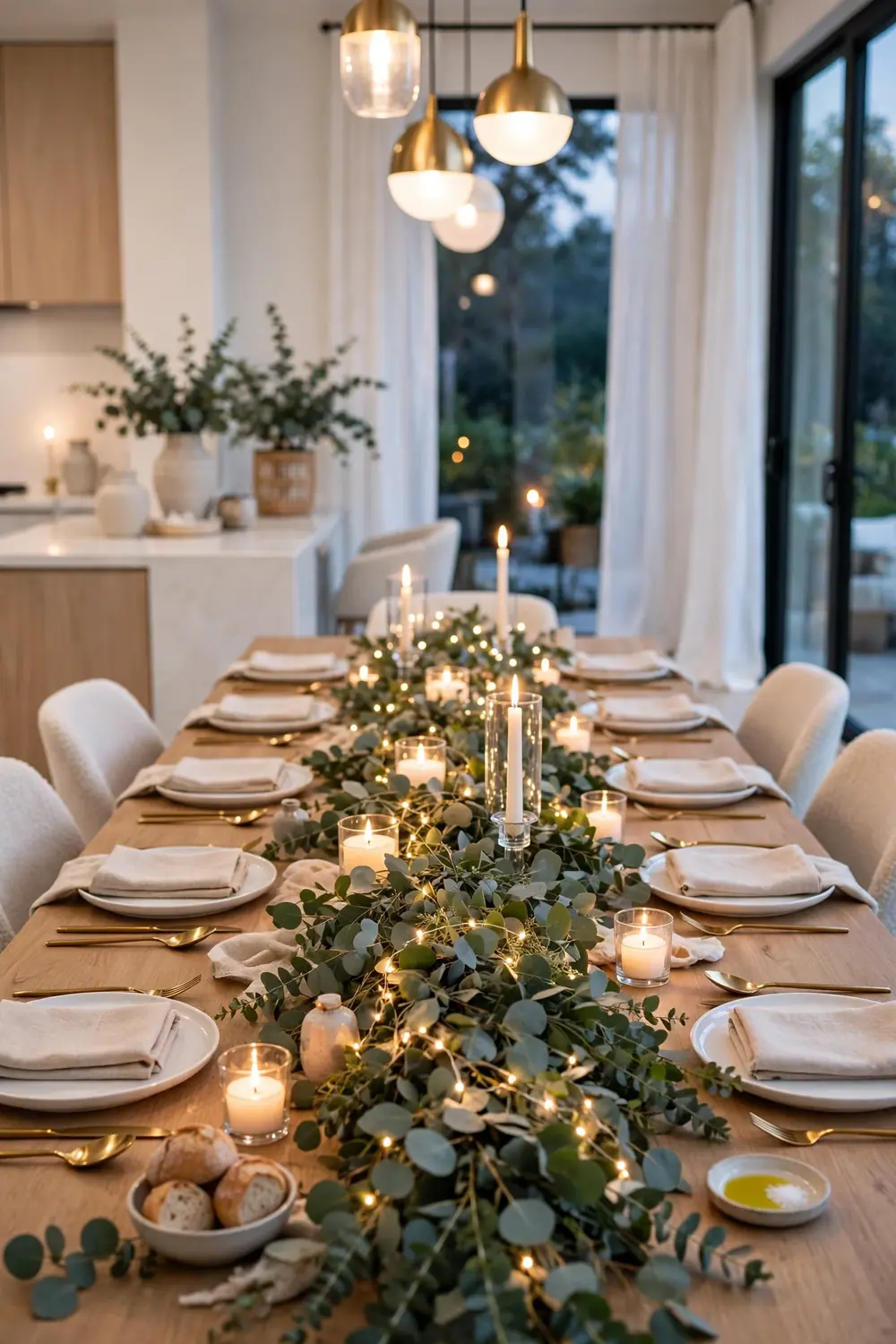 Glowing friendsgiving table decor ideas with fairy lights in eucalyptus garland