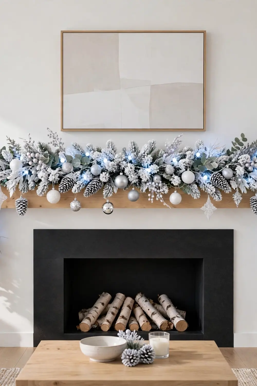 Flocked snowy christmas garland ideas for a mantel with silver and white ornaments and cool white lights