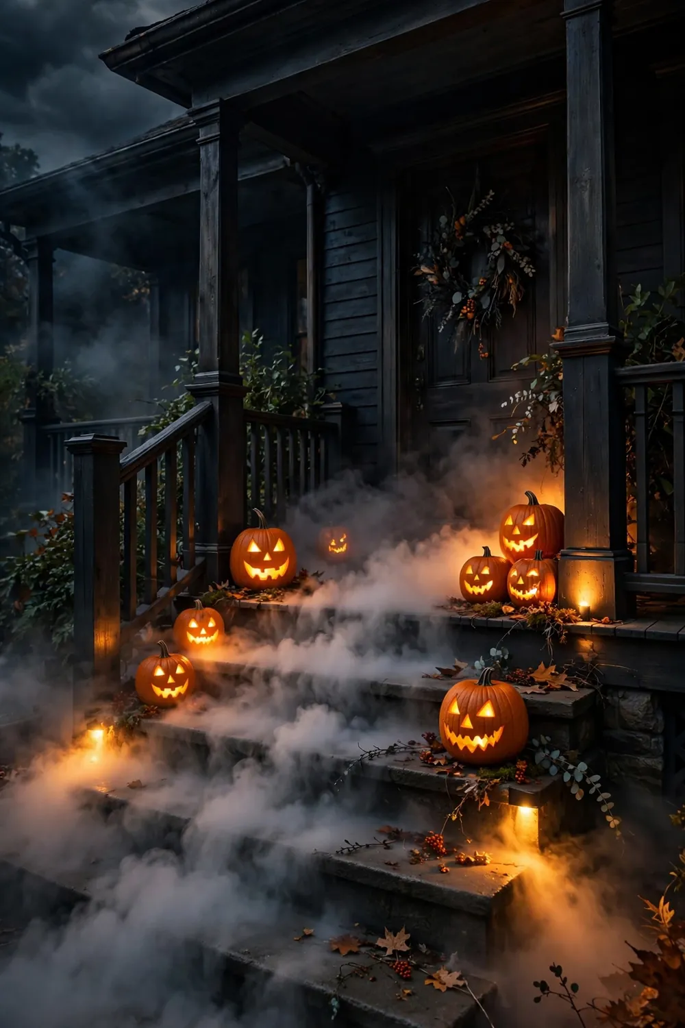 Fog and Amber Uplighting Low fog rolling across porch steps lit by amber uplights with glowing pumpkins, dramatic halloween front porch decor