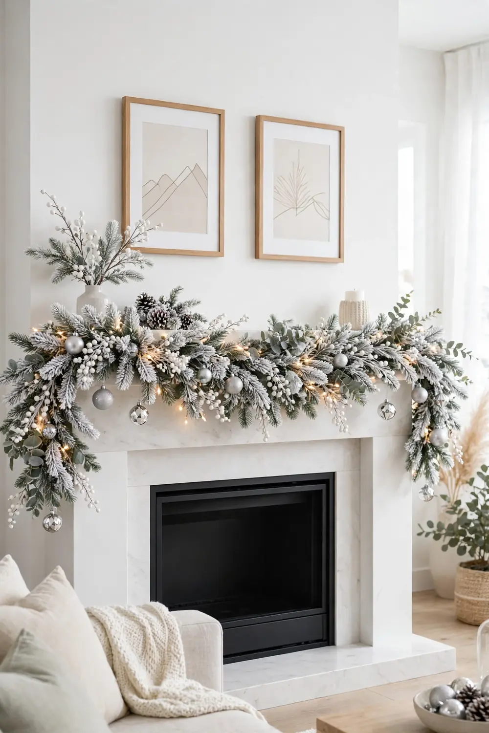 Frosted Snowy Christmas Mantel Frosted snowy Christmas mantel decor ideas with frosted garland and silver ornaments
