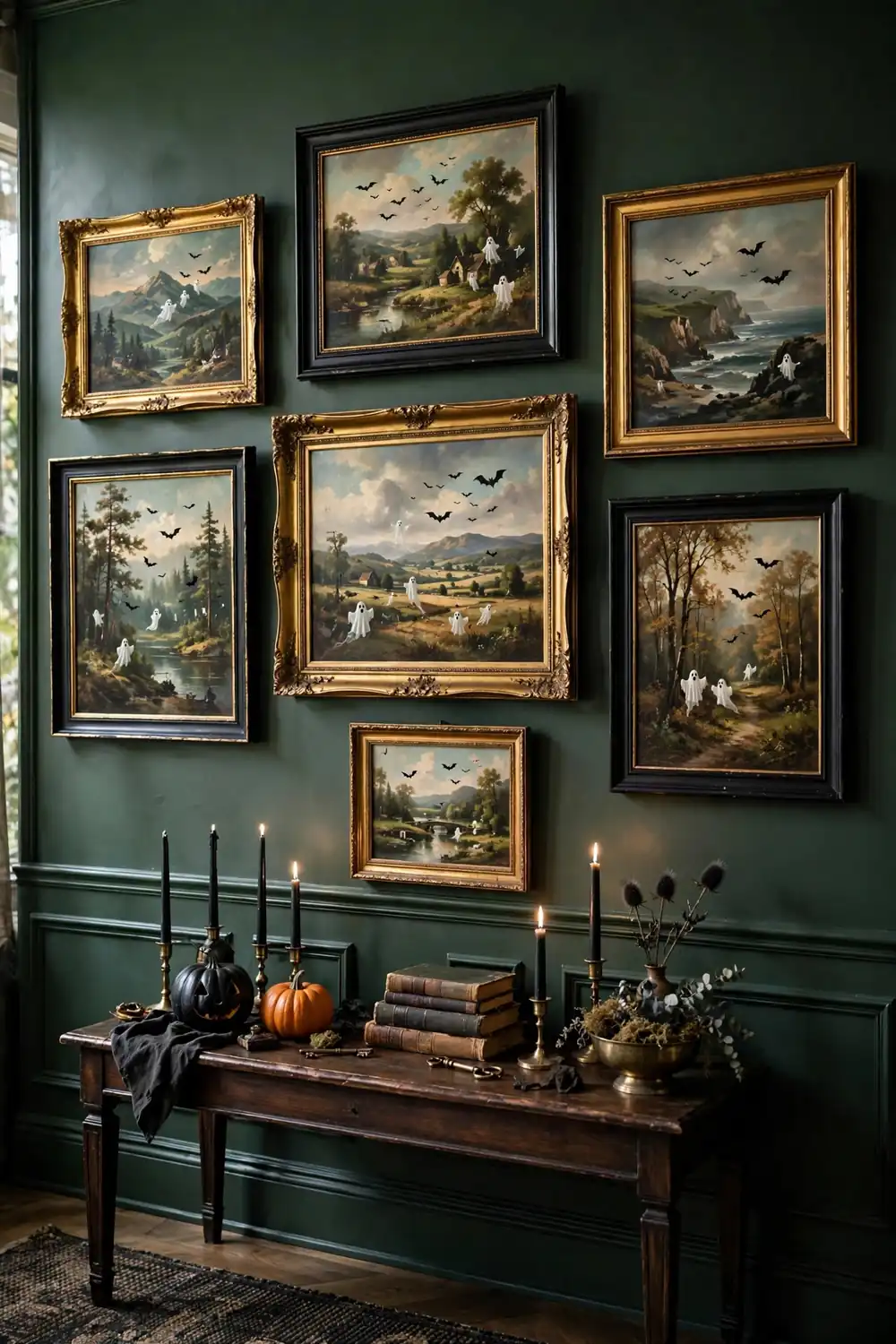 DIY Halloween decorations with haunted thrift store gallery wall art