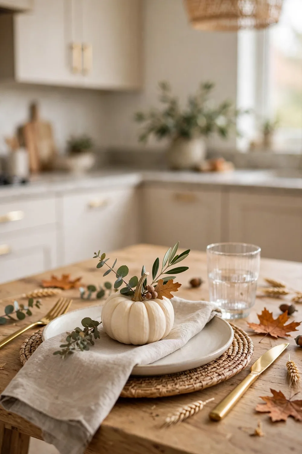 Mini Pumpkin Place Settings Kitchen table place setting with a mini pumpkin name card and linen napkin for Thanksgiving