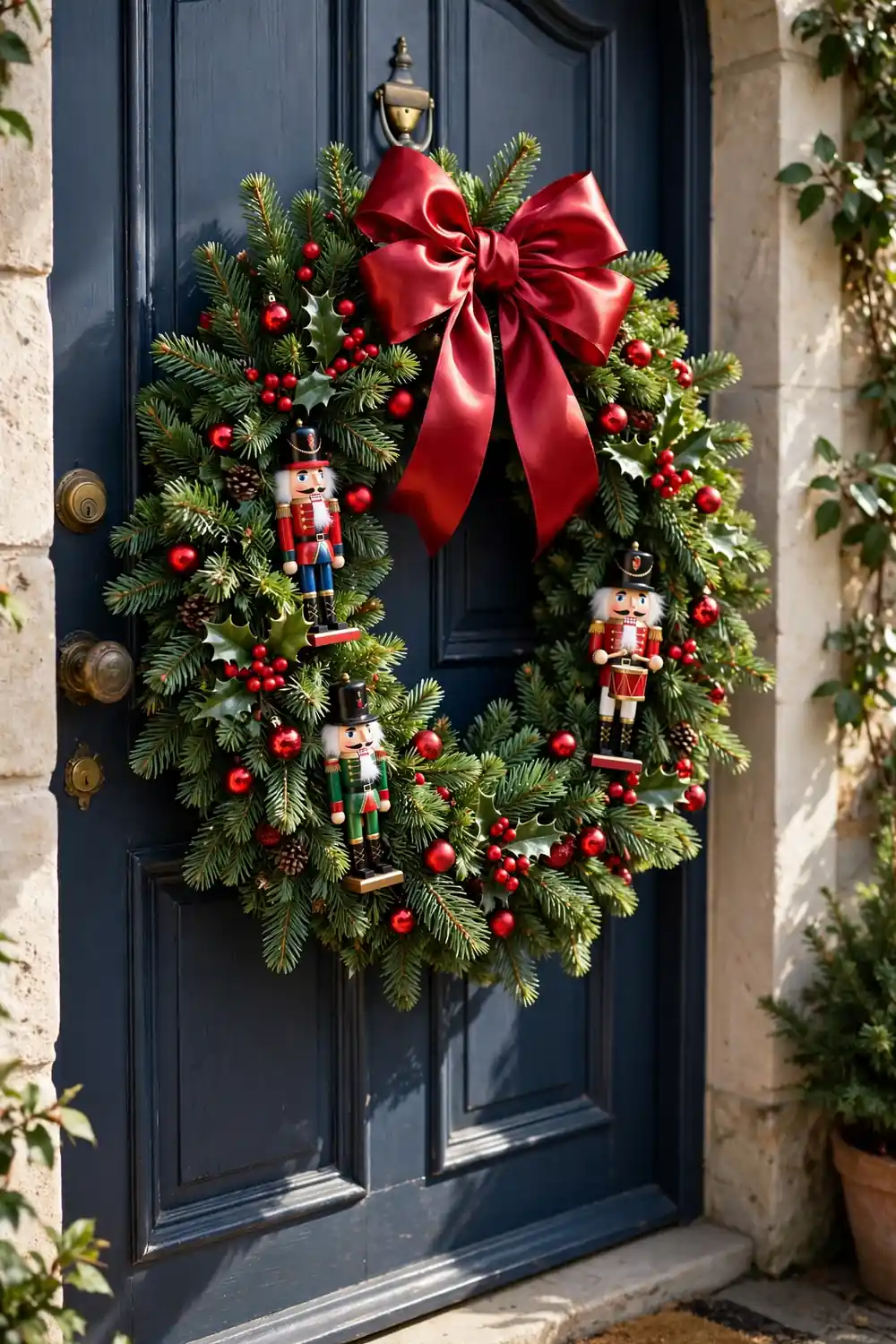 Nutcracker christmas decor ideas as a pine wreath with mini nutcrackers, baubles and a satin bow