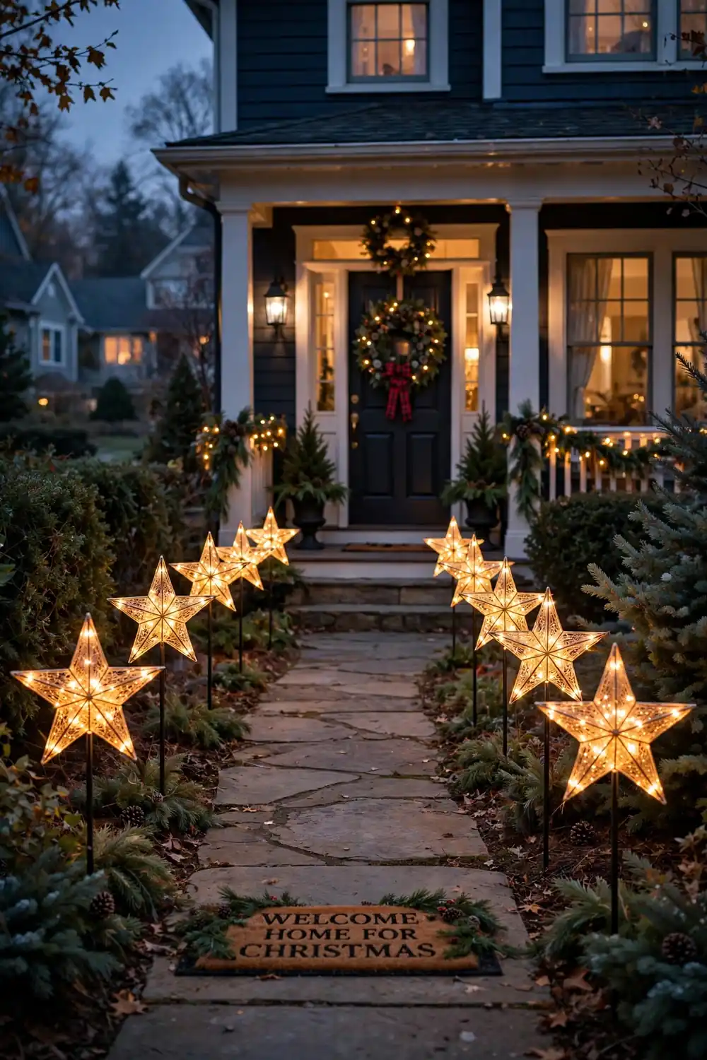 Lighted star decorations lining a front walkway at dusk, Christmas star decor ideas