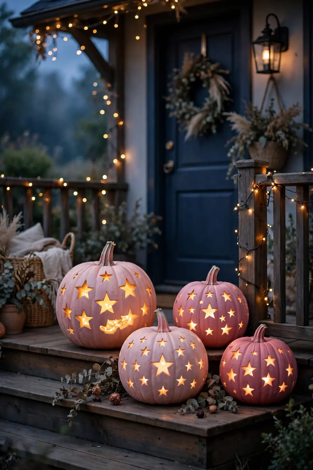 Carved pink pumpkins glowing with fairy lights at night, glowing pink halloween decor ideas