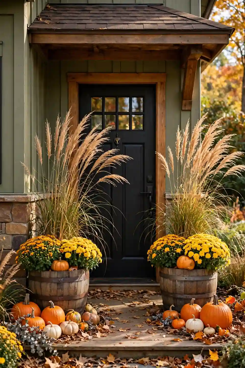 Wooden barrels with ornamental grasses flanking a fall front door, a bold look from fall front door decor ideas