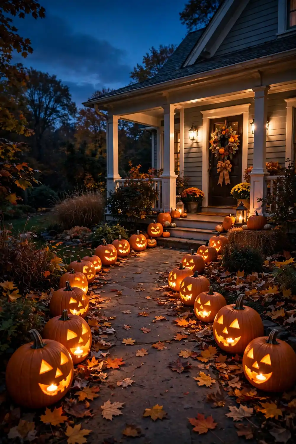 Glowing pumpkins lining a walkway at night, a welcoming last minute halloween decor idea