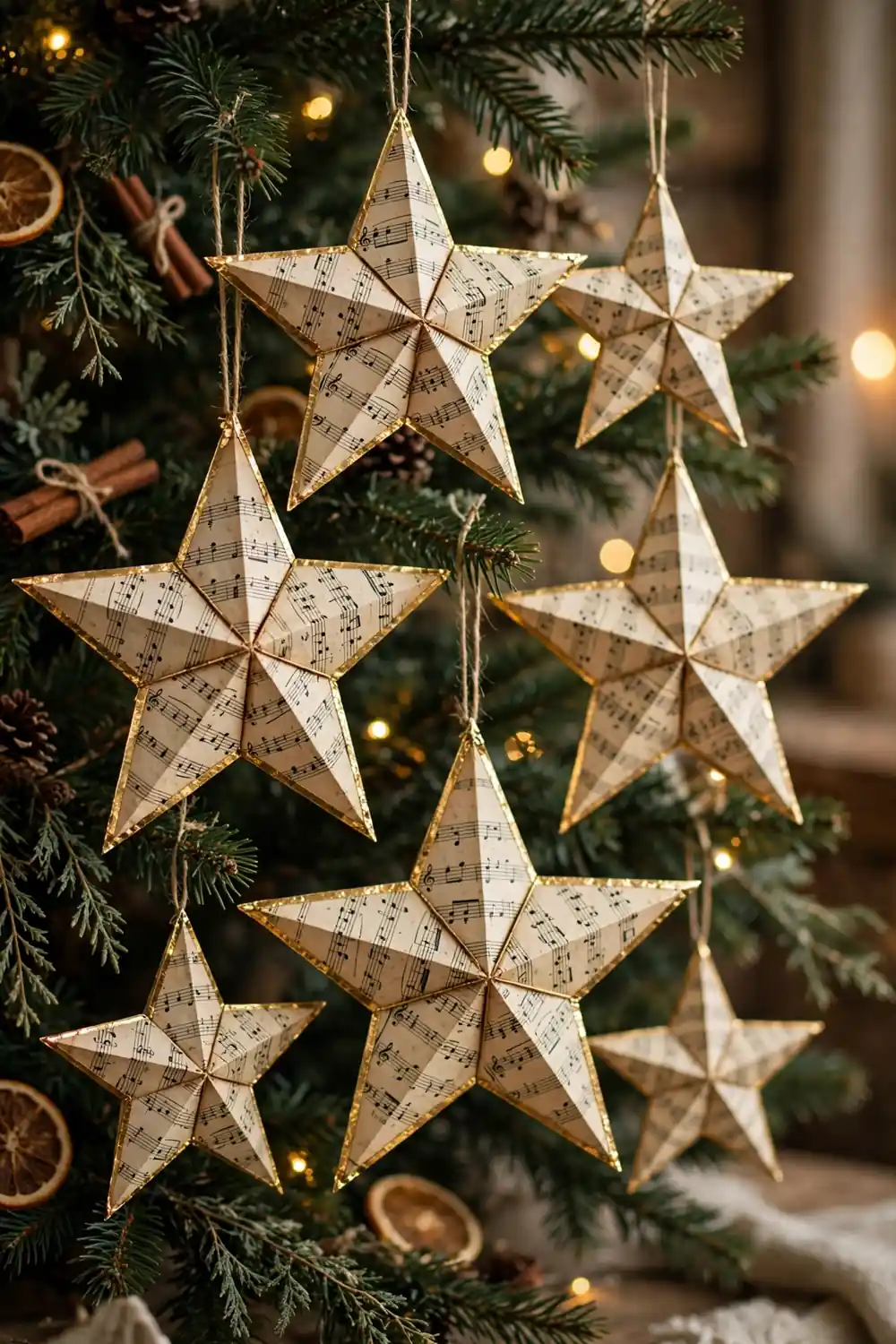 Paper star ornament folded from vintage sheet music, a nostalgic diy christmas ornament idea
