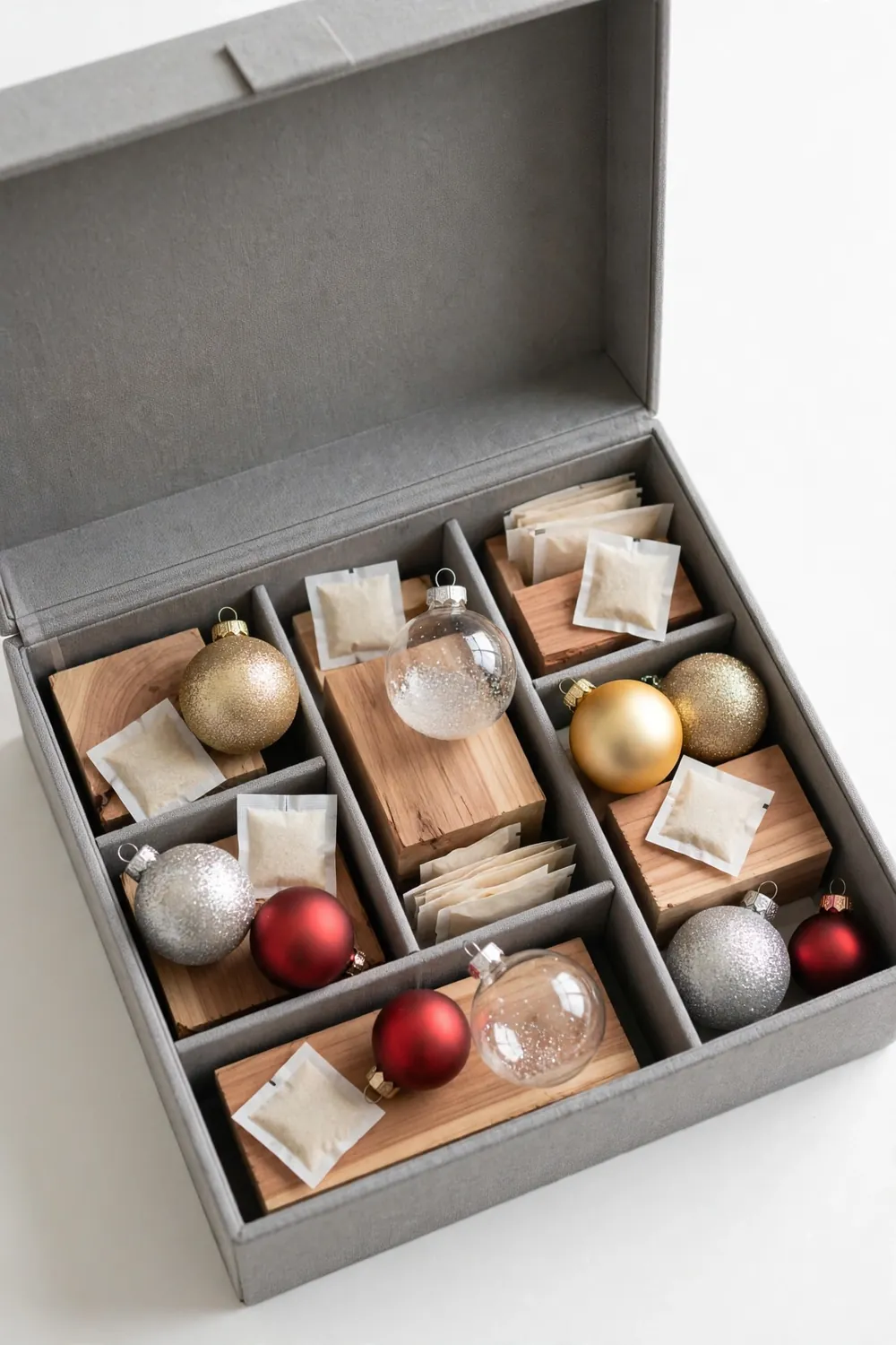 Silica Gel Moisture Protection Silica gel packets and cedar blocks placed inside holiday decoration storage bins to prevent moisture and moths, holiday decor storage ideas