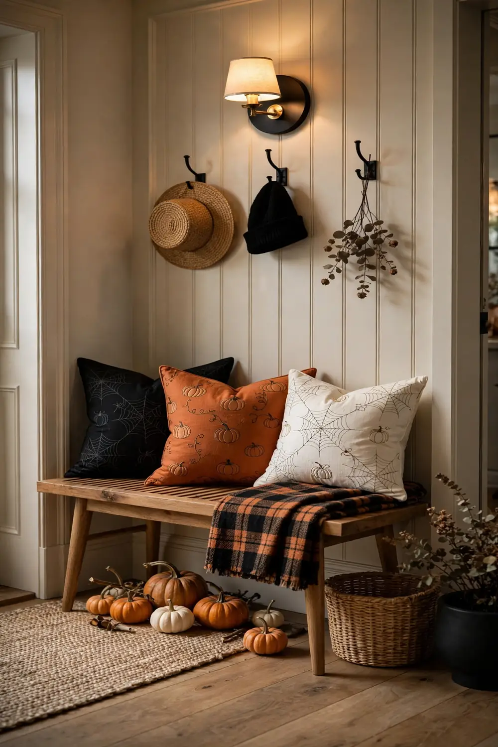 Spooky Throw Pillows on the Entry Bench Entryway bench with Halloween throw pillows in black orange and cream, cozy halloween entryway decor idea