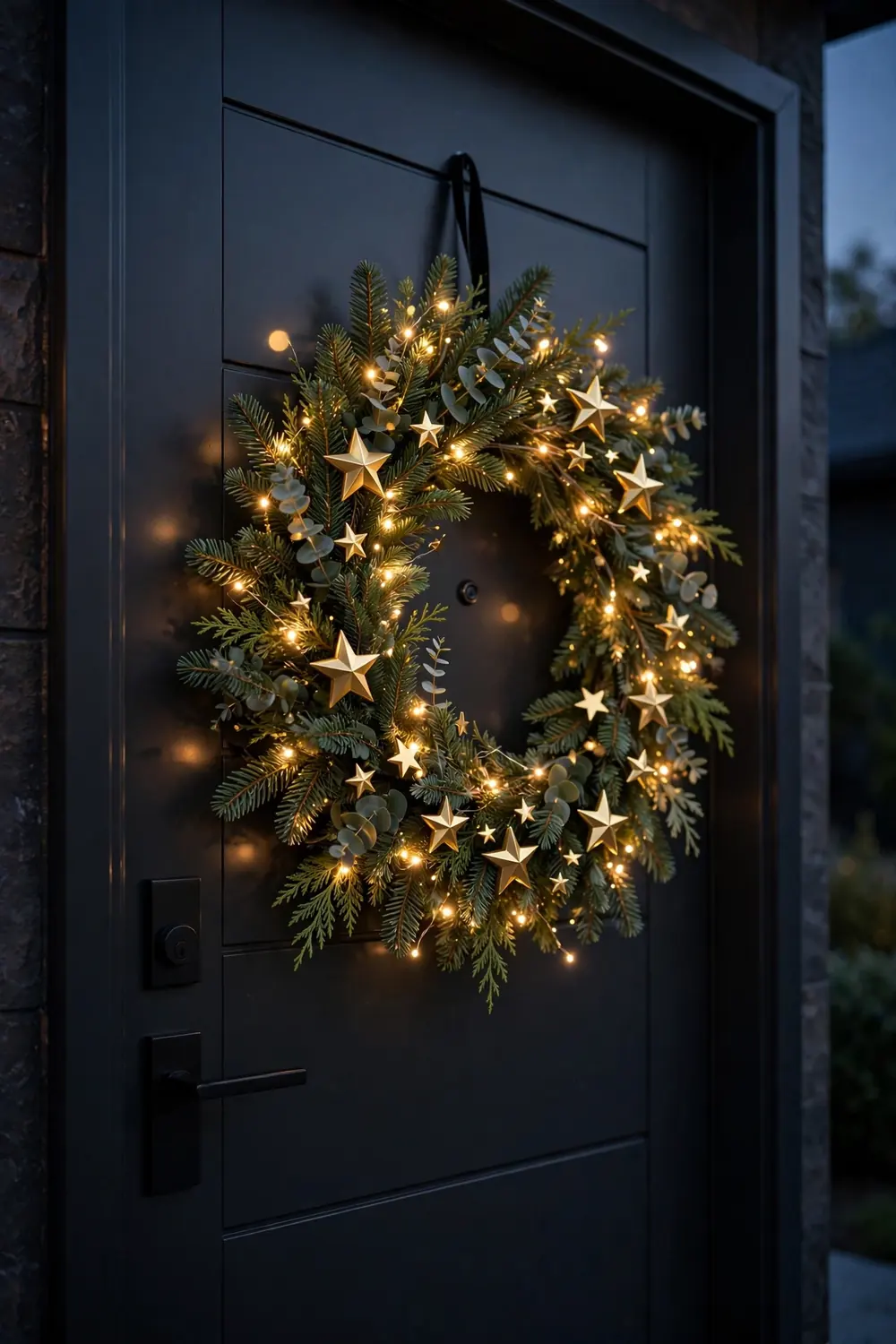 Christmas wreath ideas with golden star accents on evergreen branches