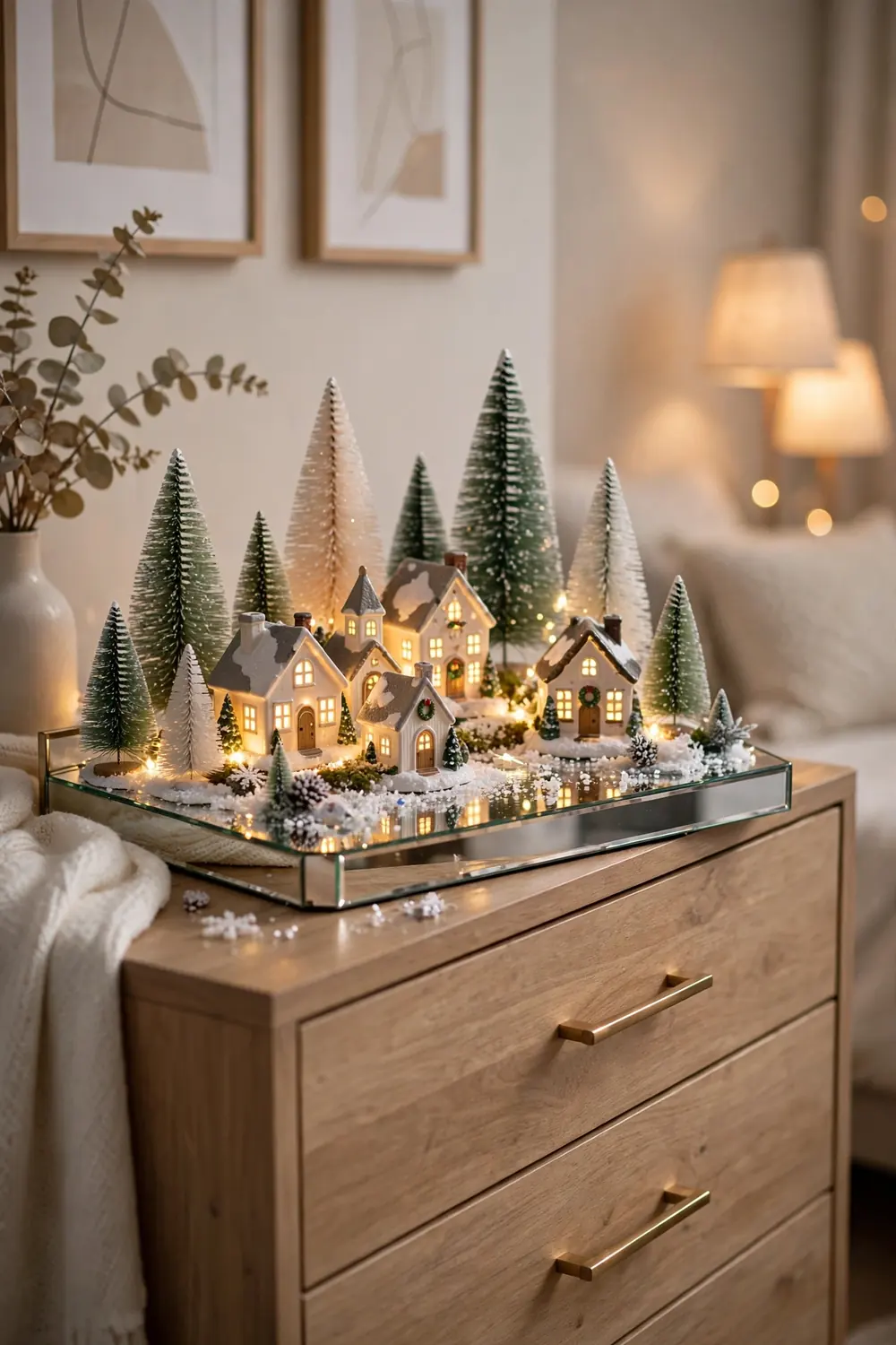 Tabletop Christmas village on the dresser Glowing tabletop Christmas village with tiny houses on a dresser in christmas bedroom decor
