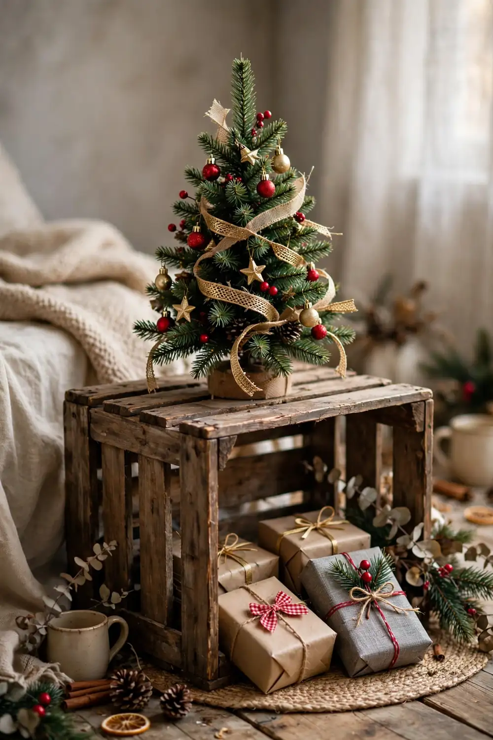 Tabletop Mini Tree Styling Styled tabletop mini Christmas tree with tiny ornaments and gifts on a wooden crate, charming dollar tree christmas decor diy