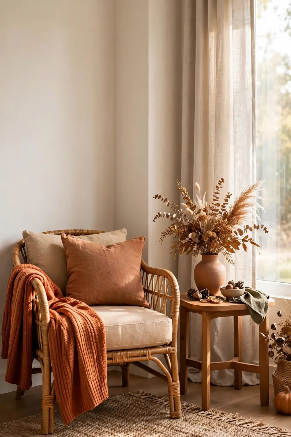 Living room layered with rattan wood and linen textures, natural thanksgiving living room decor ideas