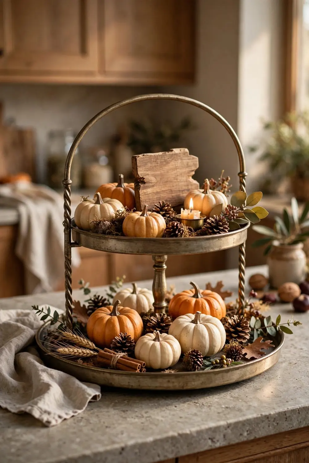 Dollar Tree Thanksgiving decor DIY tiered tray fall vignette