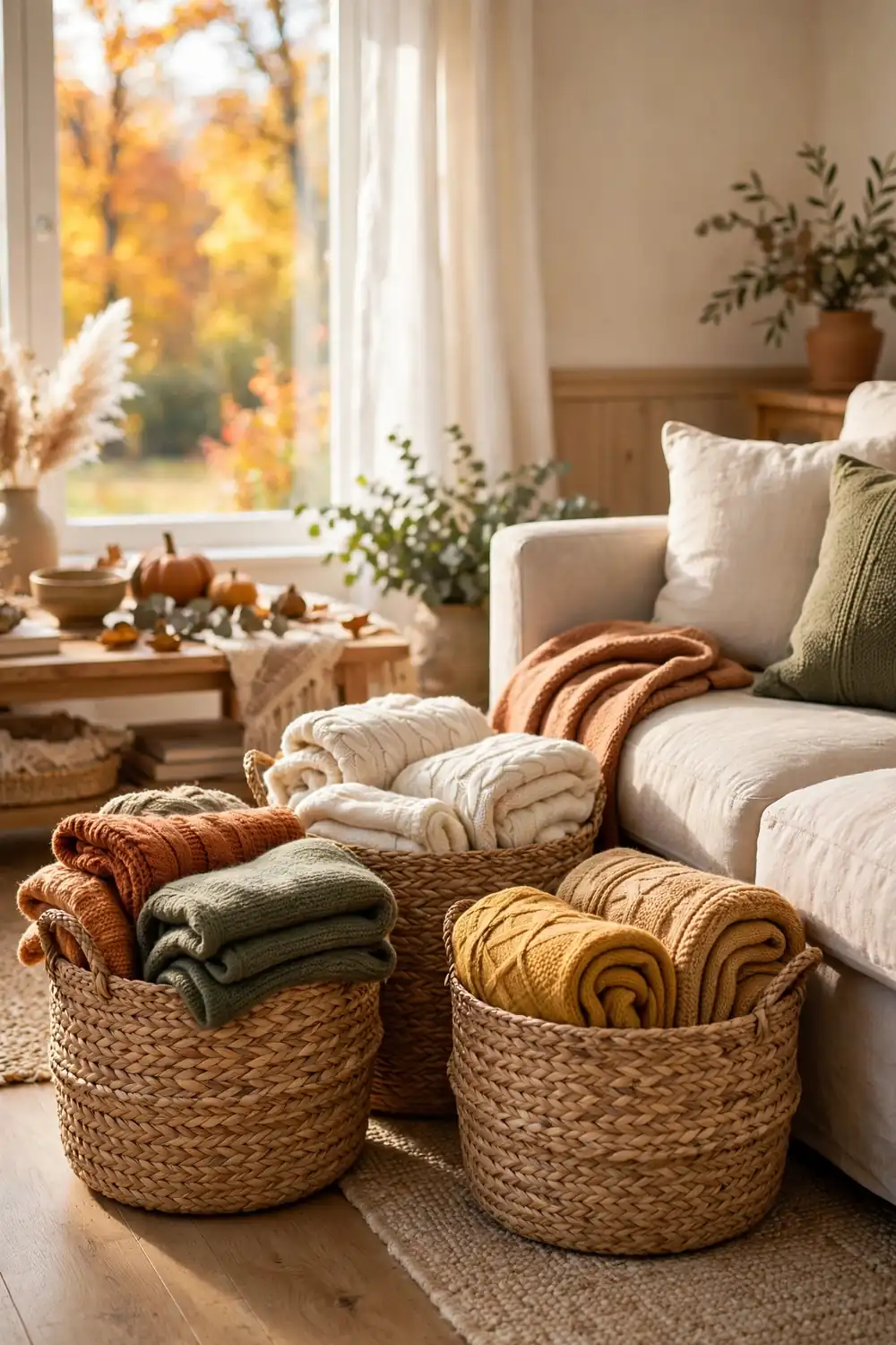 Woven baskets filled with folded blankets beside a sofa, a cozy fall living room decor idea
