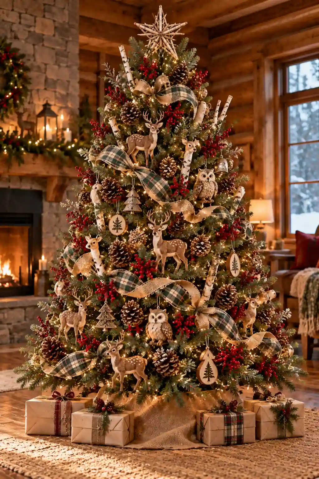 Woodland Christmas tree decorated with pinecones, faux berries, deer and owl ornaments, birch branches, plaid ribbon, and warm white lights.