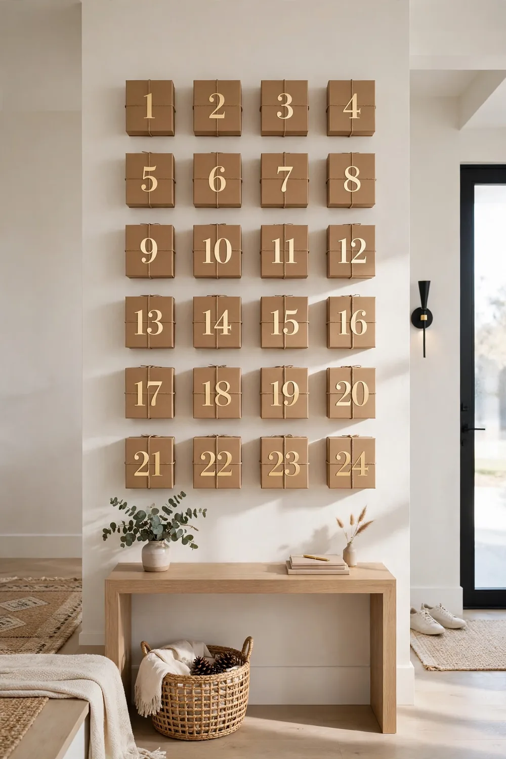 Advent calendar gallery wall with small gift boxes in the entryway