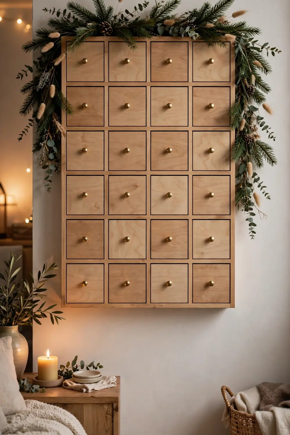 Advent calendar display hung on a living room wall for Christmas, christmas living room decor ideas