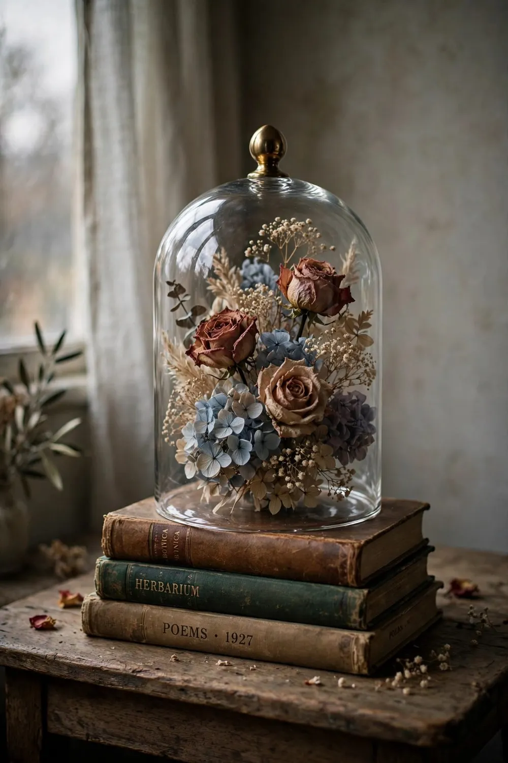 Dried flowers displayed under a glass bell jar cloche