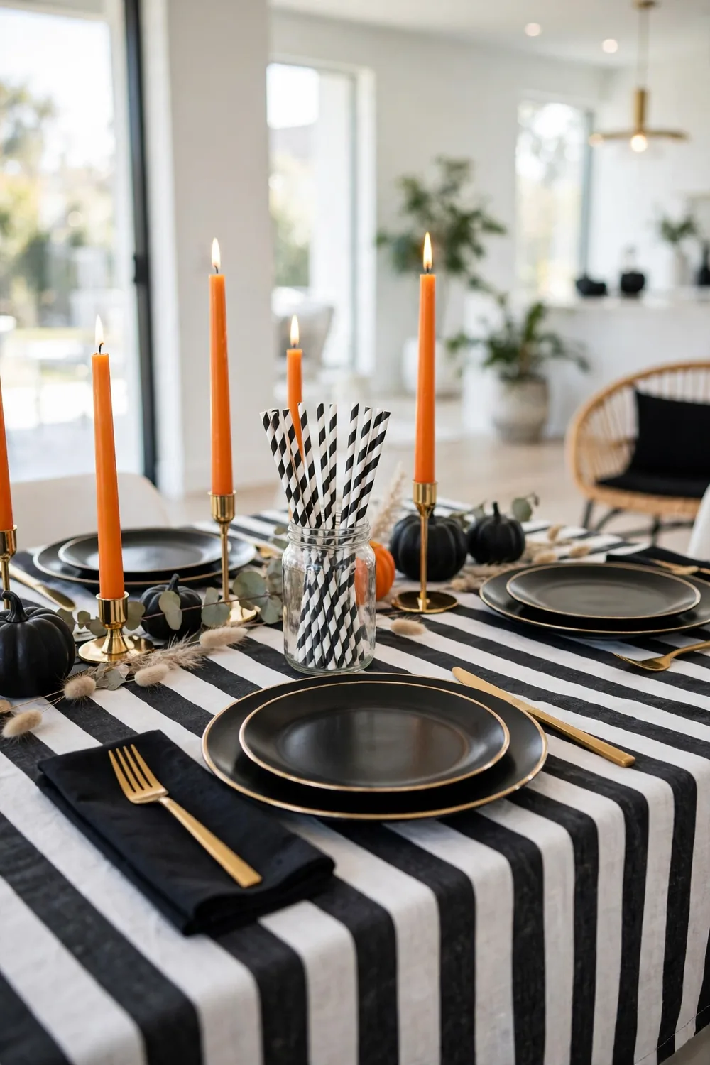 Bold Halloween table decor with a black and white striped tablecloth and gold rimmed black plates