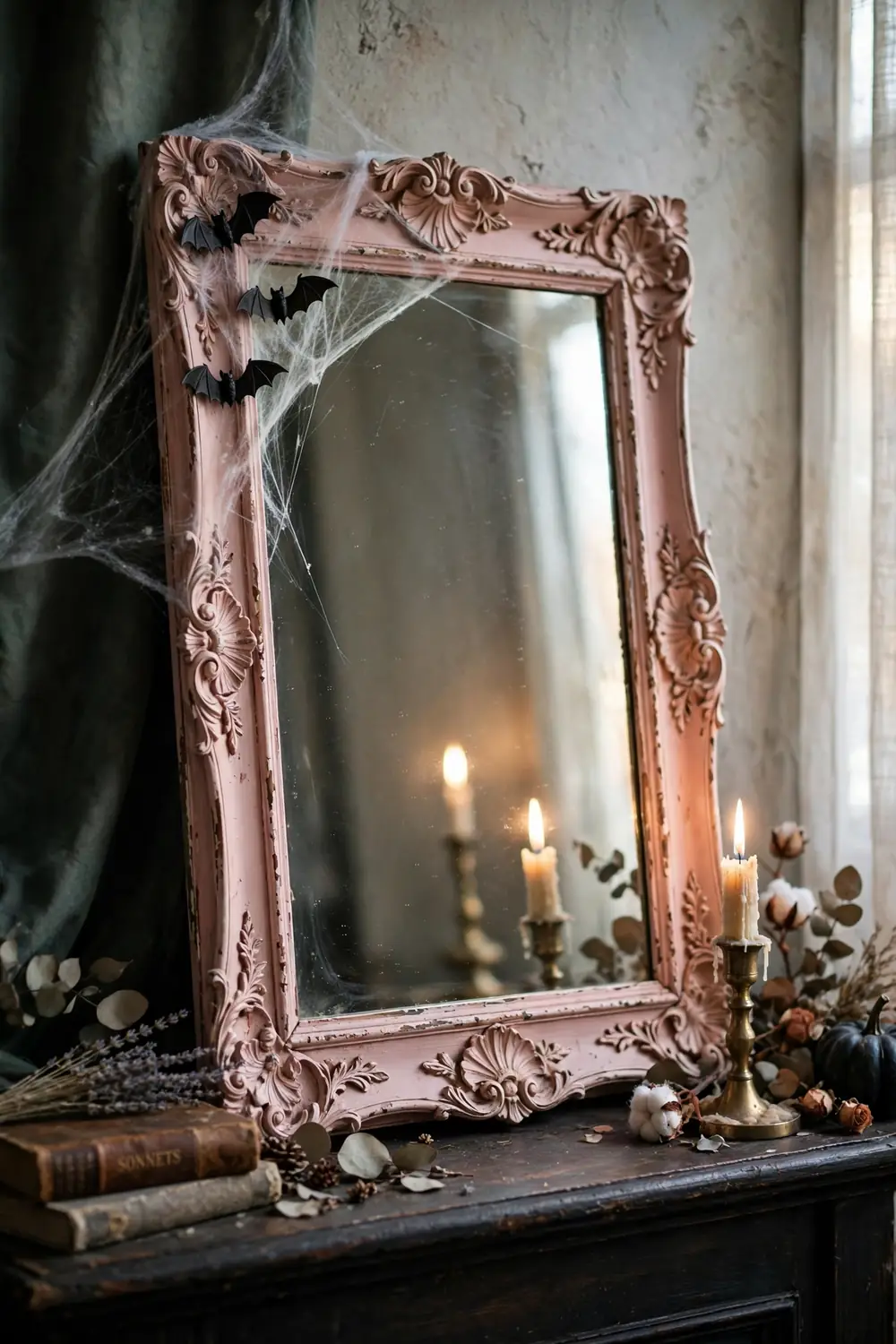 Ornate mirror with blush pink frame and spooky accents, vintage inspired pink halloween decor ideas