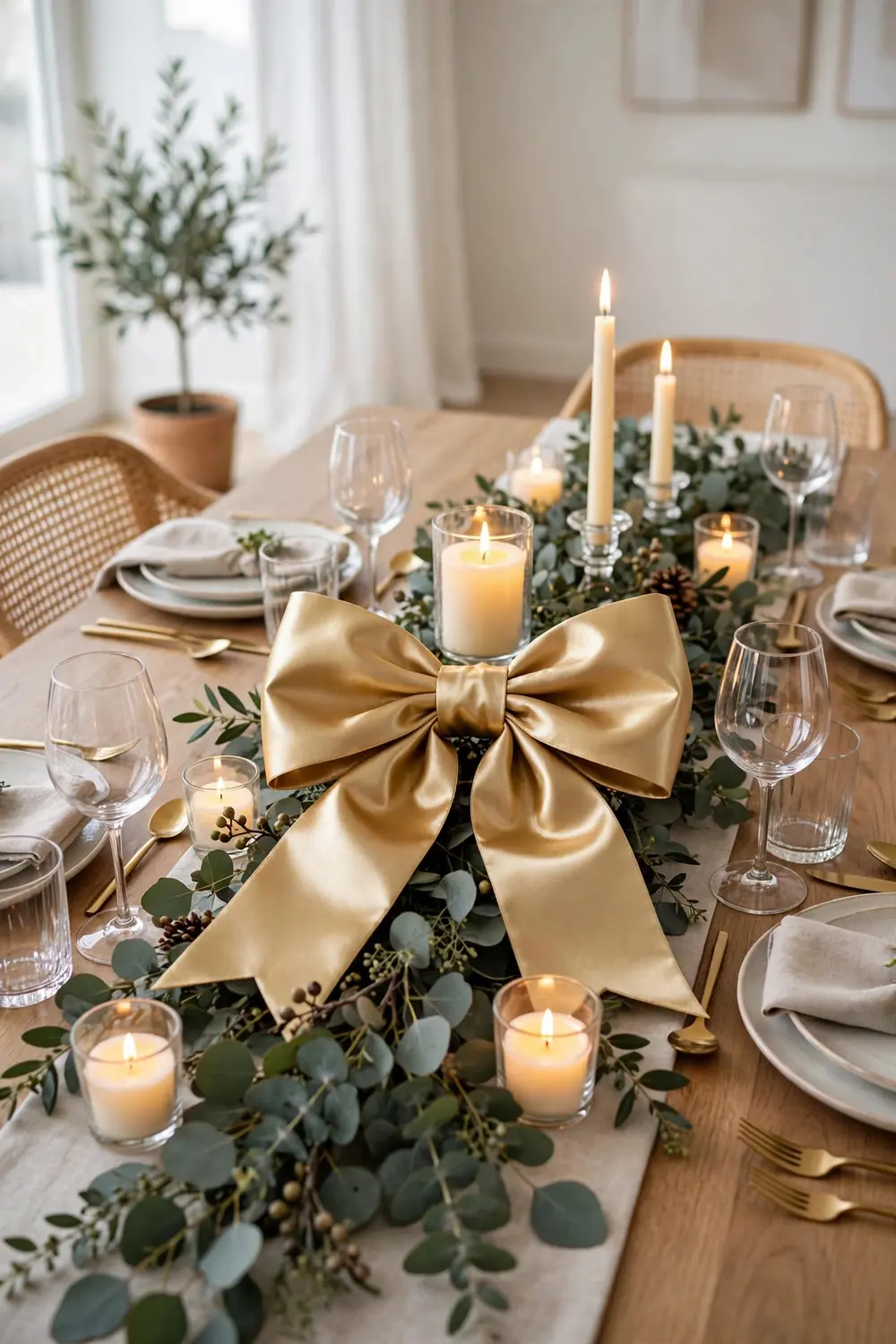 Festive dining table with eucalyptus runner and a large flat gold satin bow centerpiece with candles