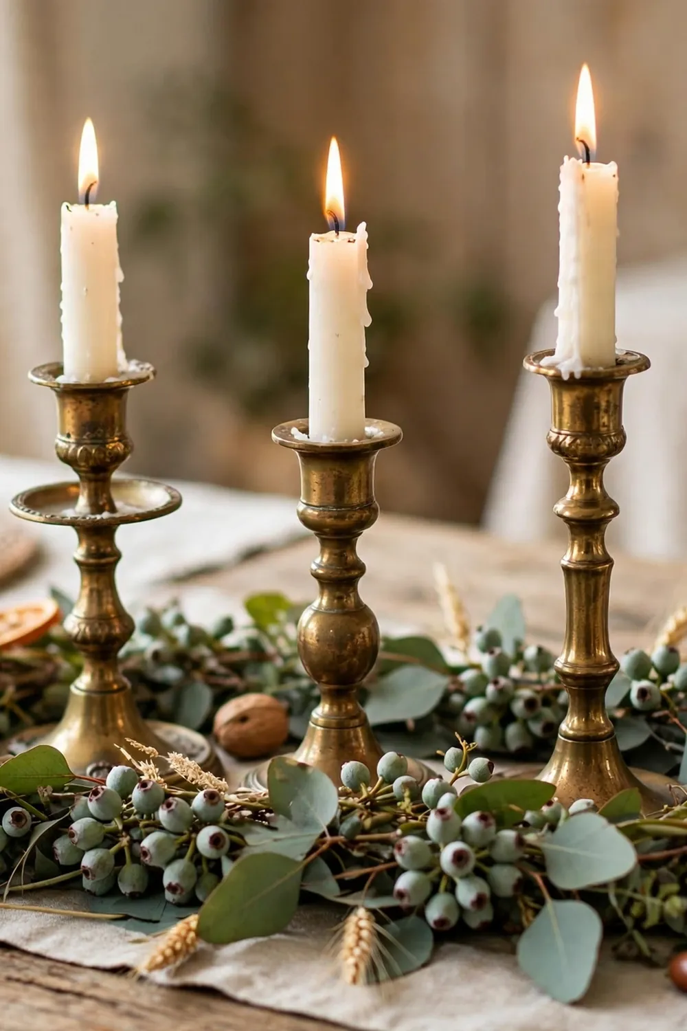 Brass candlesticks with seeded eucalyptus garland, a thanksgiving centerpiece idea
