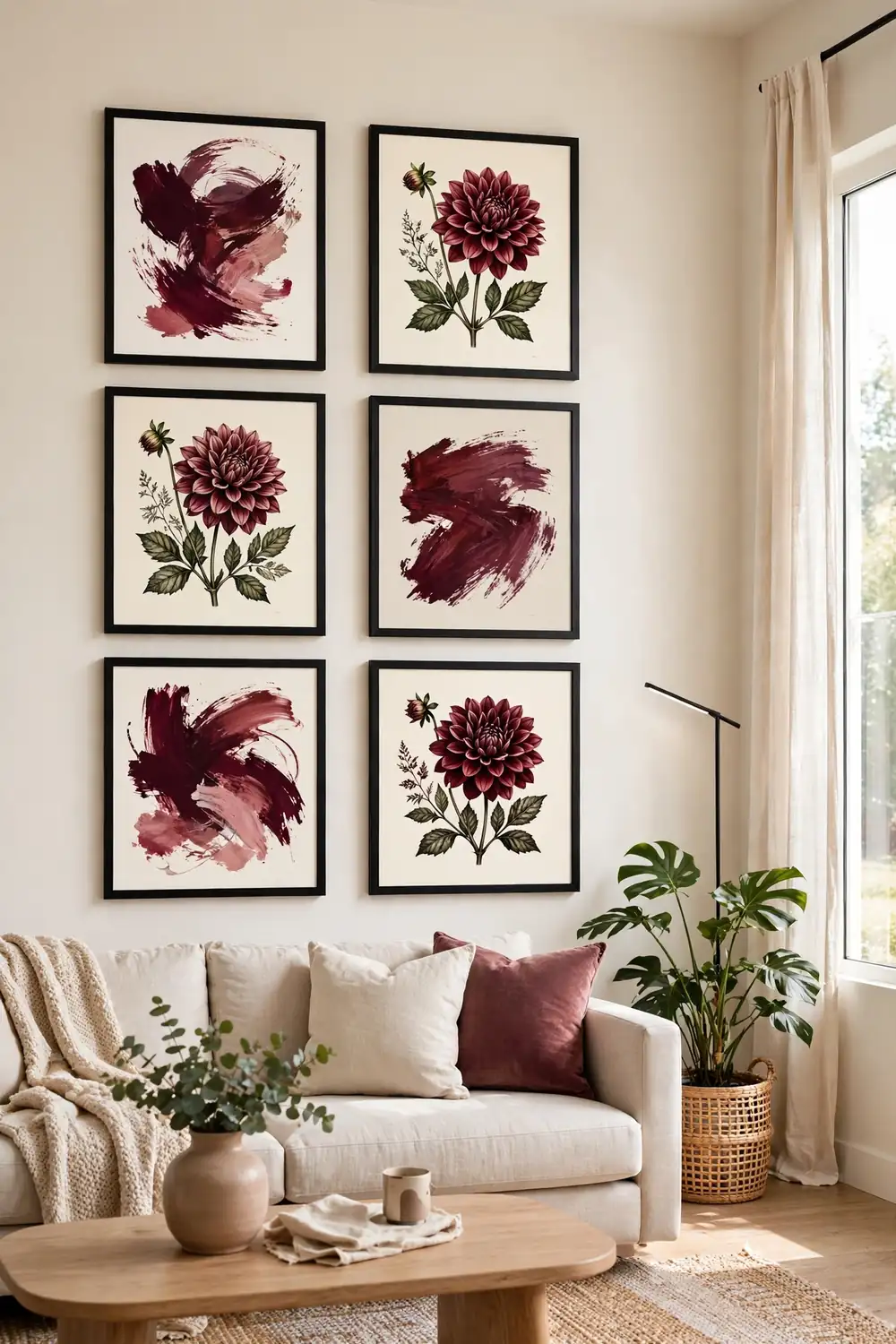 Gallery wall of six art prints with burgundy wine toned brushstrokes and botanical dahlia prints in matching black frames on a cream wall