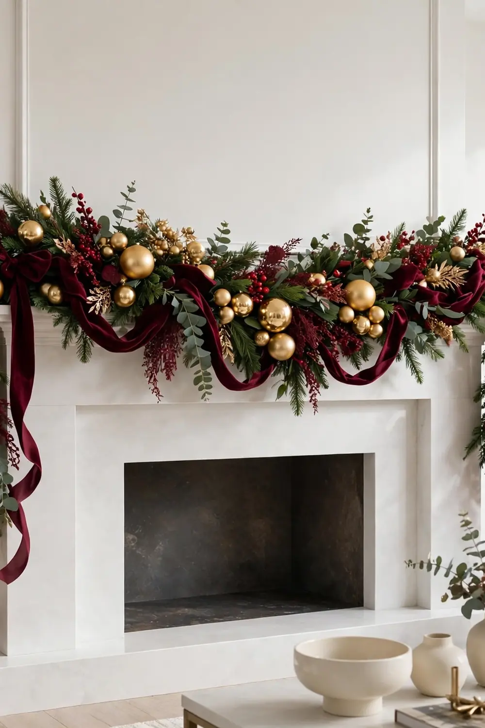 Burgundy and gold christmas garland ideas for a mantel with velvet ribbon, gold baubles and red berries