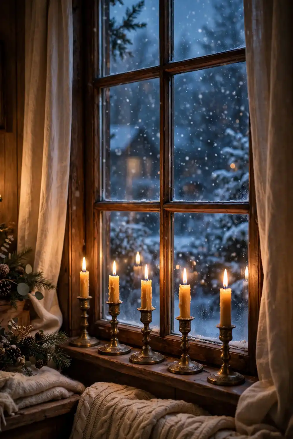 Candlelit Window Glow Glowing candles in vintage brass holders on a windowsill with snow falling outside, nostalgic vintage Christmas decor