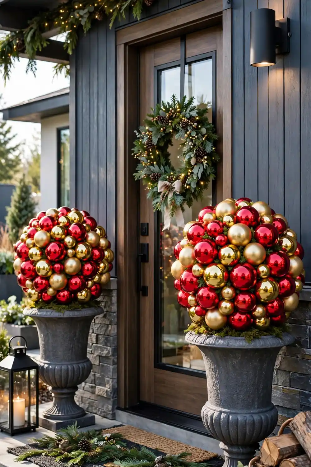Oversized Ornament Topiaries Christmas Porch Decor Idea Oversized ornament topiaries in urns on a Christmas porch, a glamorous christmas porch decor idea