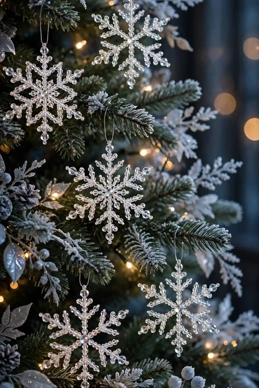 Crystal bead snowflake ornament sparkling in tree lights, a sparkling diy christmas ornament idea