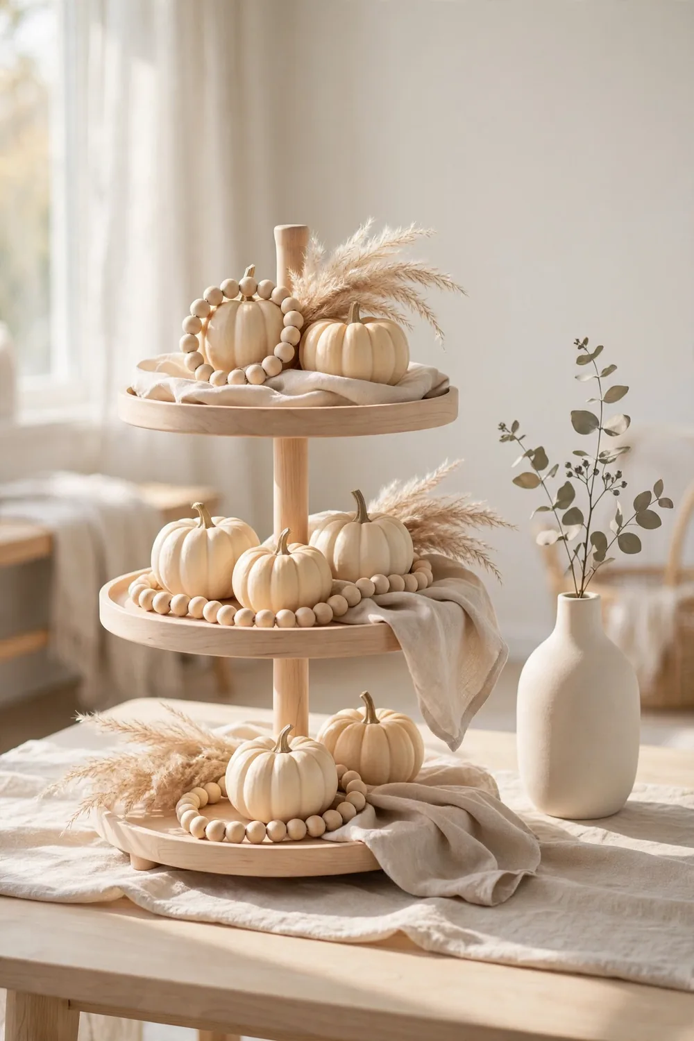 Fall tiered tray decor with neutral cream and beige tones and elegant pumpkins