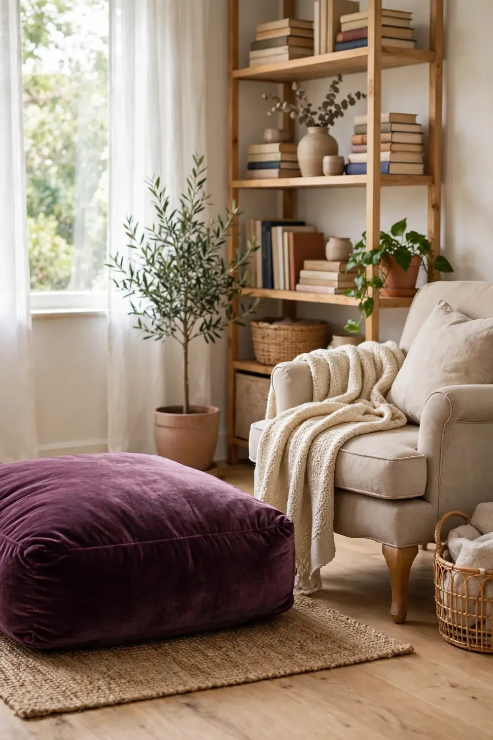 Plum velvet throw pillow styling ideas with an oversized floor cushion in a reading nook