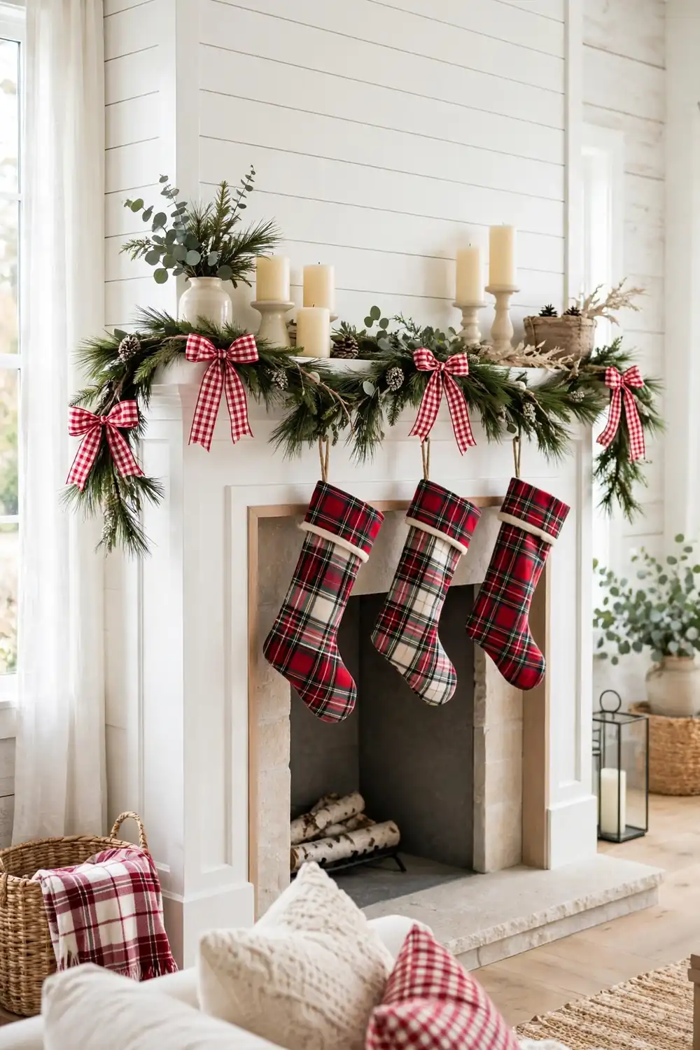 Gingham and Check Christmas Mantel Gingham and check Christmas mantel decor ideas with plaid stockings and ribbon