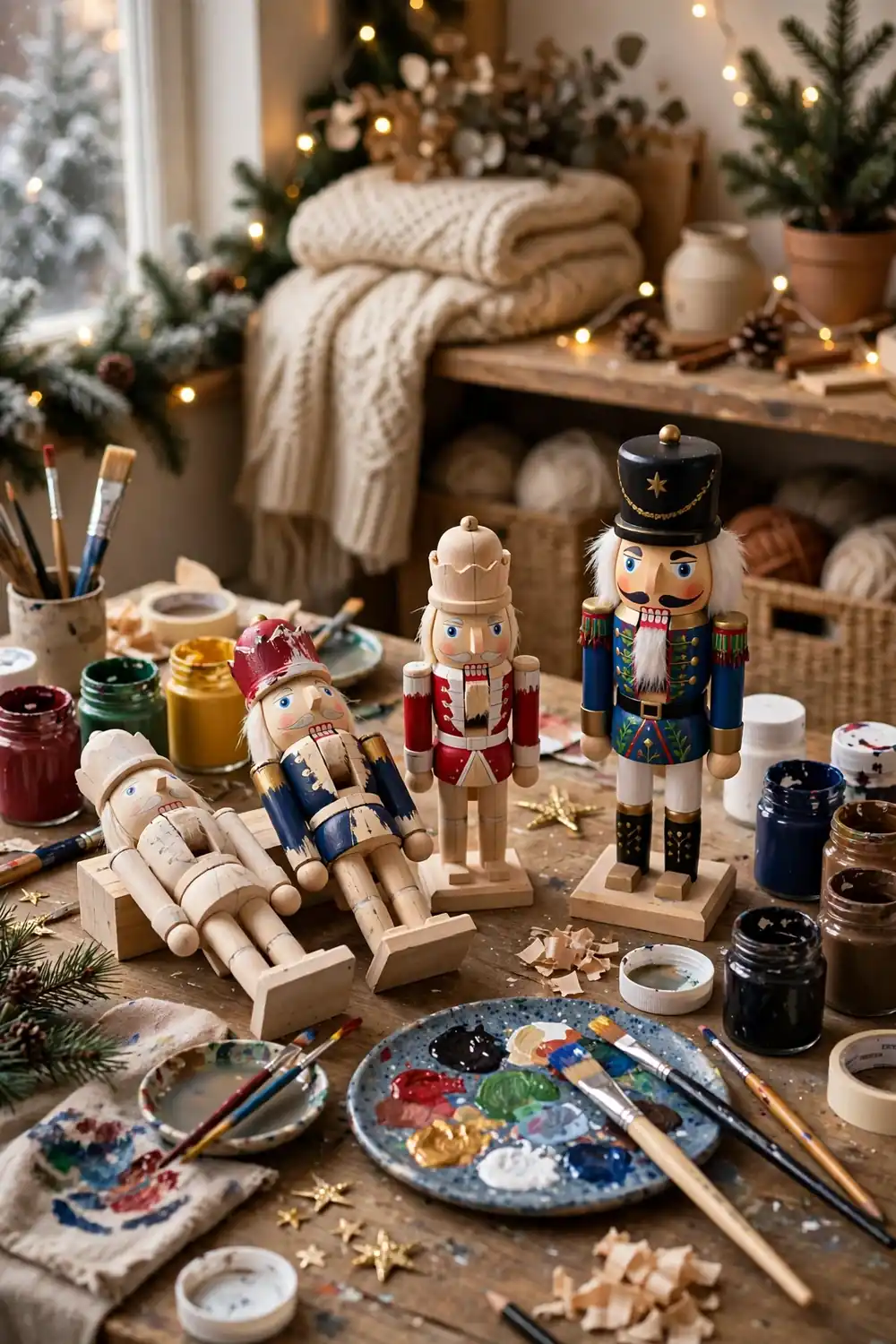 Hand painted DIY nutcracker christmas decor ideas with paint brushes and a finished wooden figure