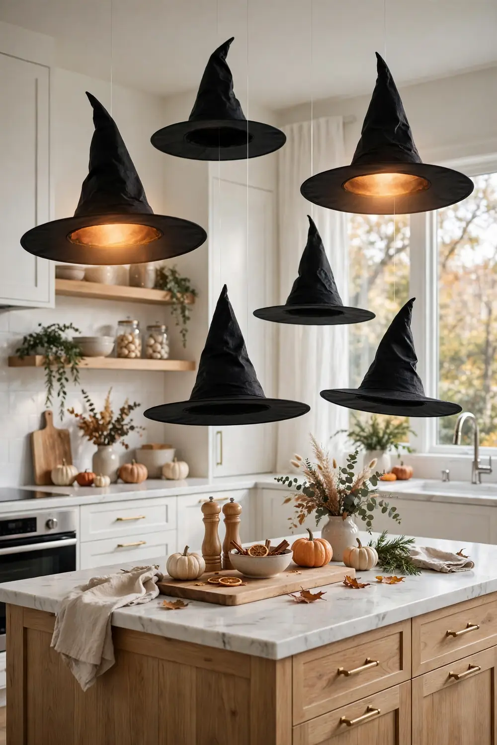 Halloween kitchen decor with black witch hats suspended by clear line floating above the kitchen island